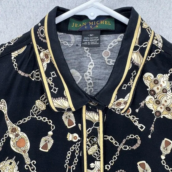 Jean Michel Polo Shirt Womens Medium Black Gold Chain Print Vintage 90s Designer - Picture 4 of 7